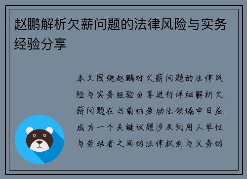 赵鹏解析欠薪问题的法律风险与实务经验分享